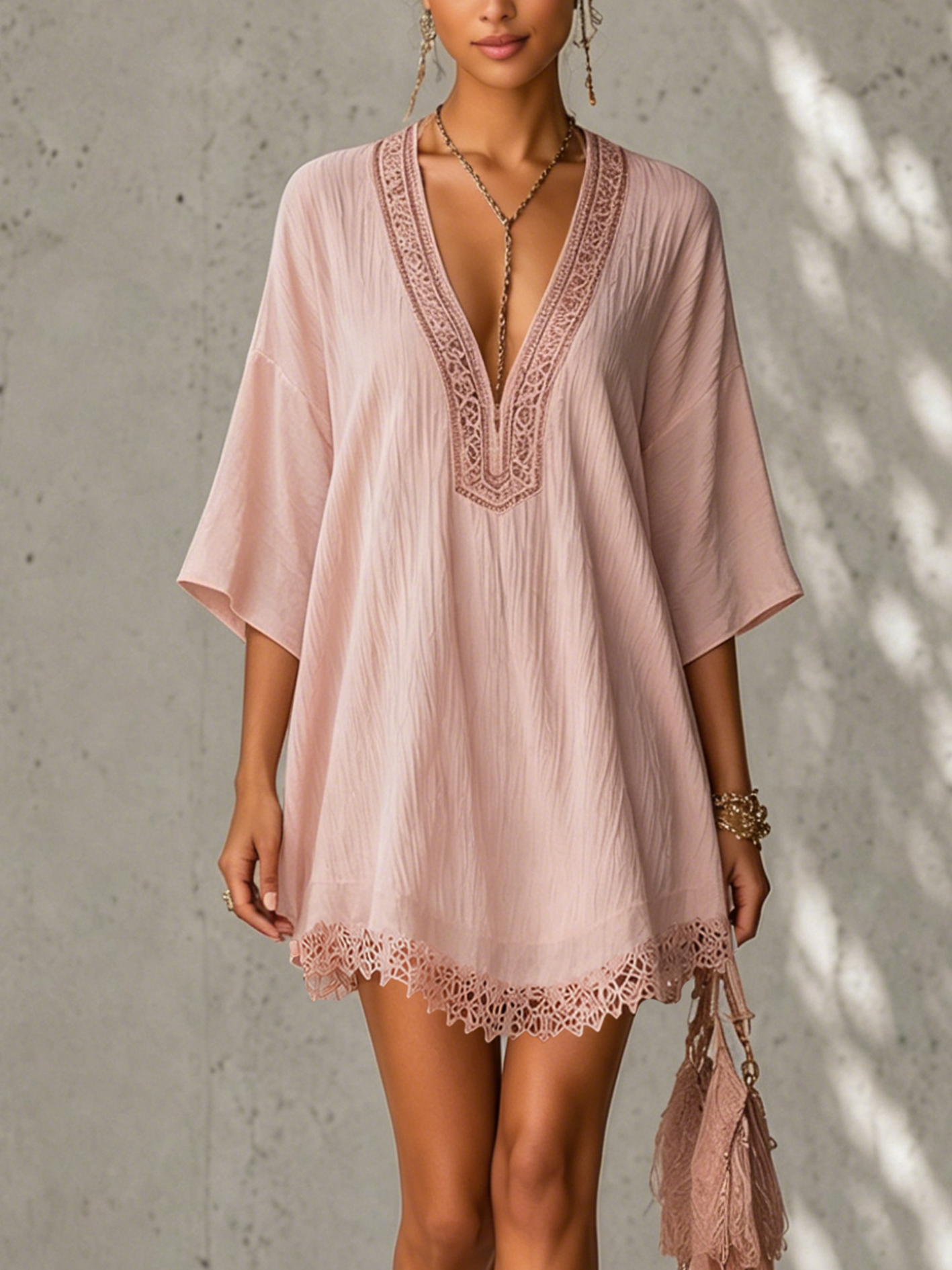 Pink Textured Embroidered Lace Mini Dress