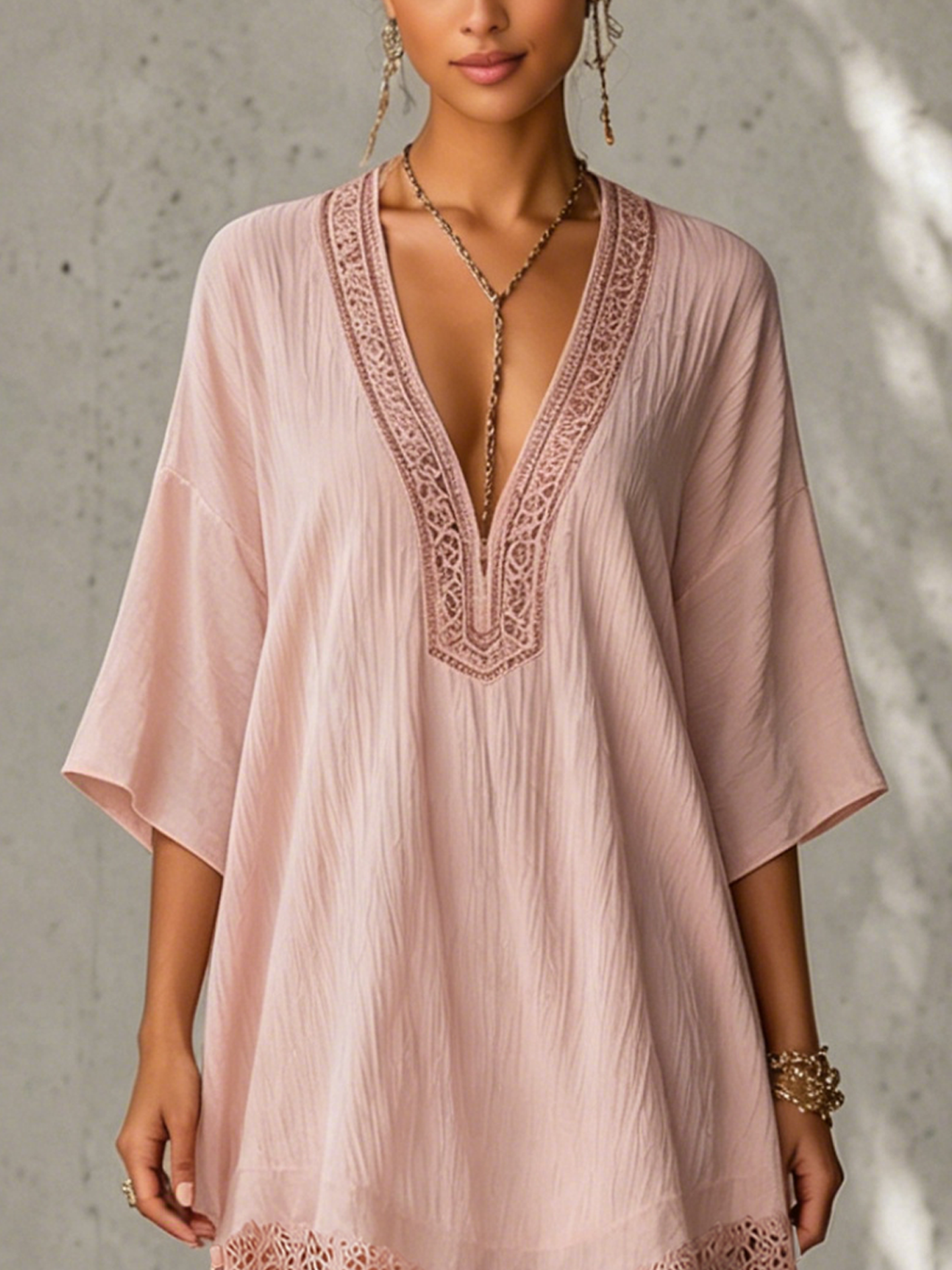 Pink Textured Embroidered Lace Mini Dress