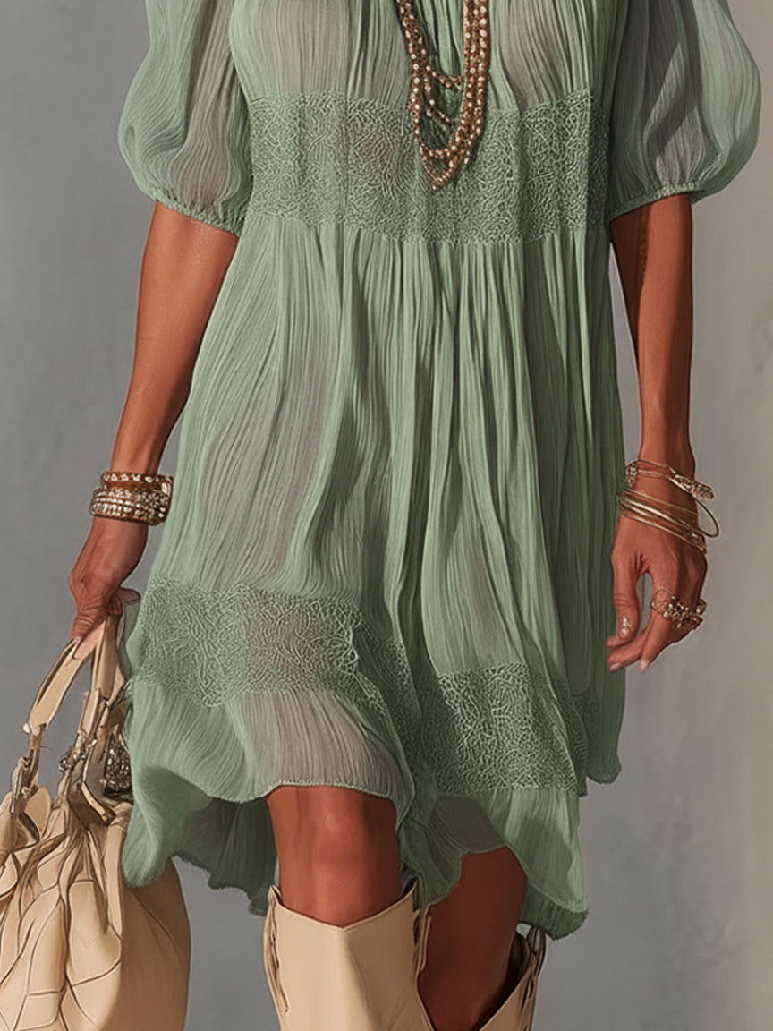 Blue Pleated Lace Midi Dress