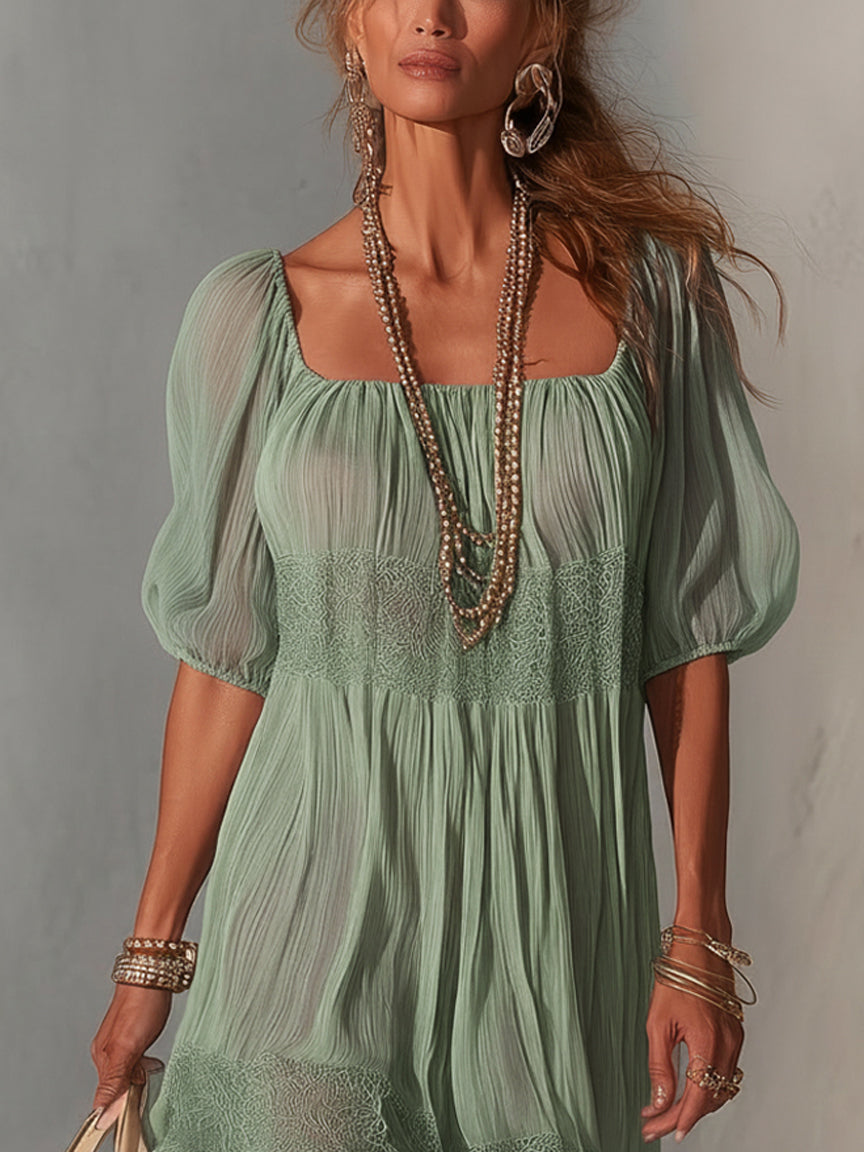 Blue Pleated Lace Midi Dress