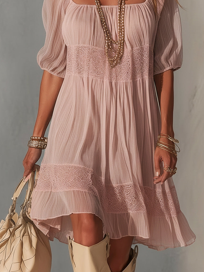 Blue Pleated Lace Midi Dress