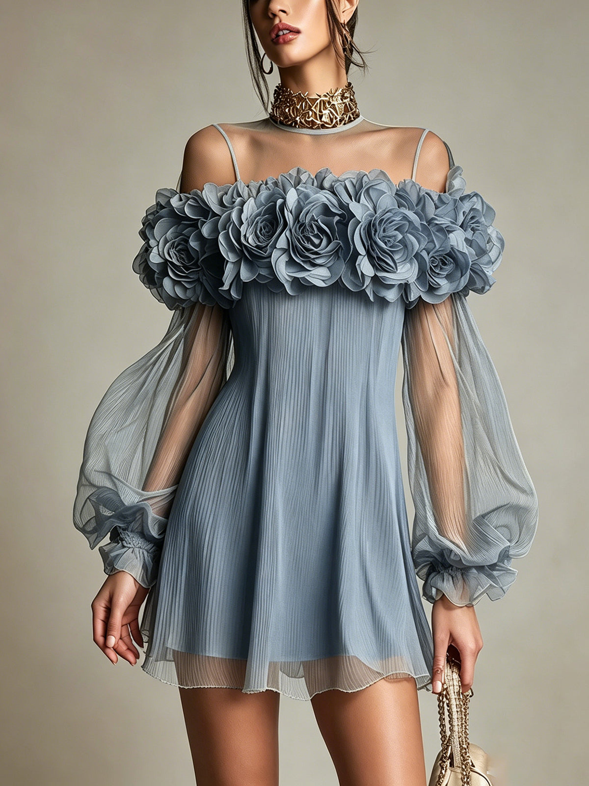 Yellow 3D Floral Pleated Chiffon Mini Dress
