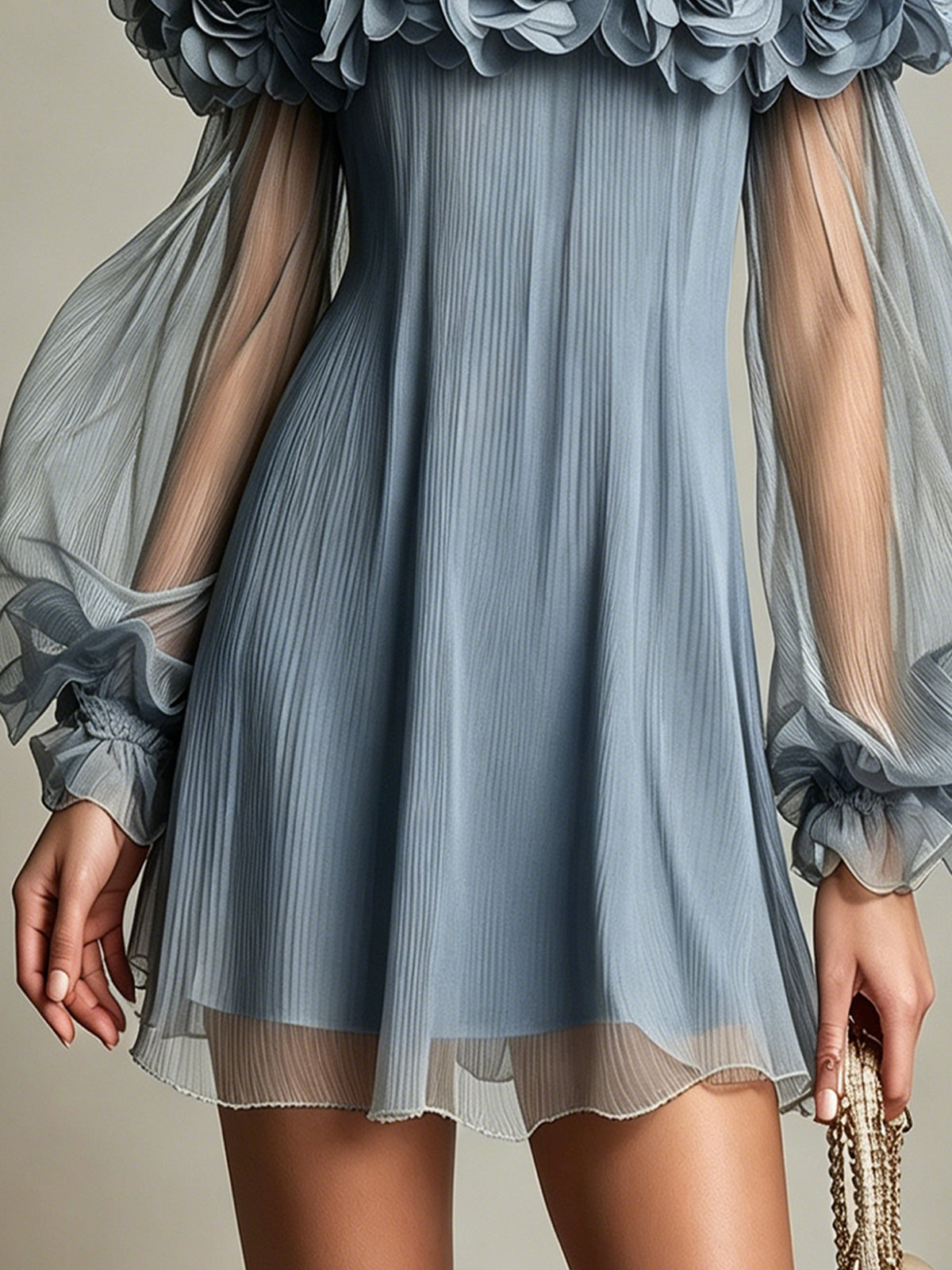 Yellow 3D Floral Pleated Chiffon Mini Dress