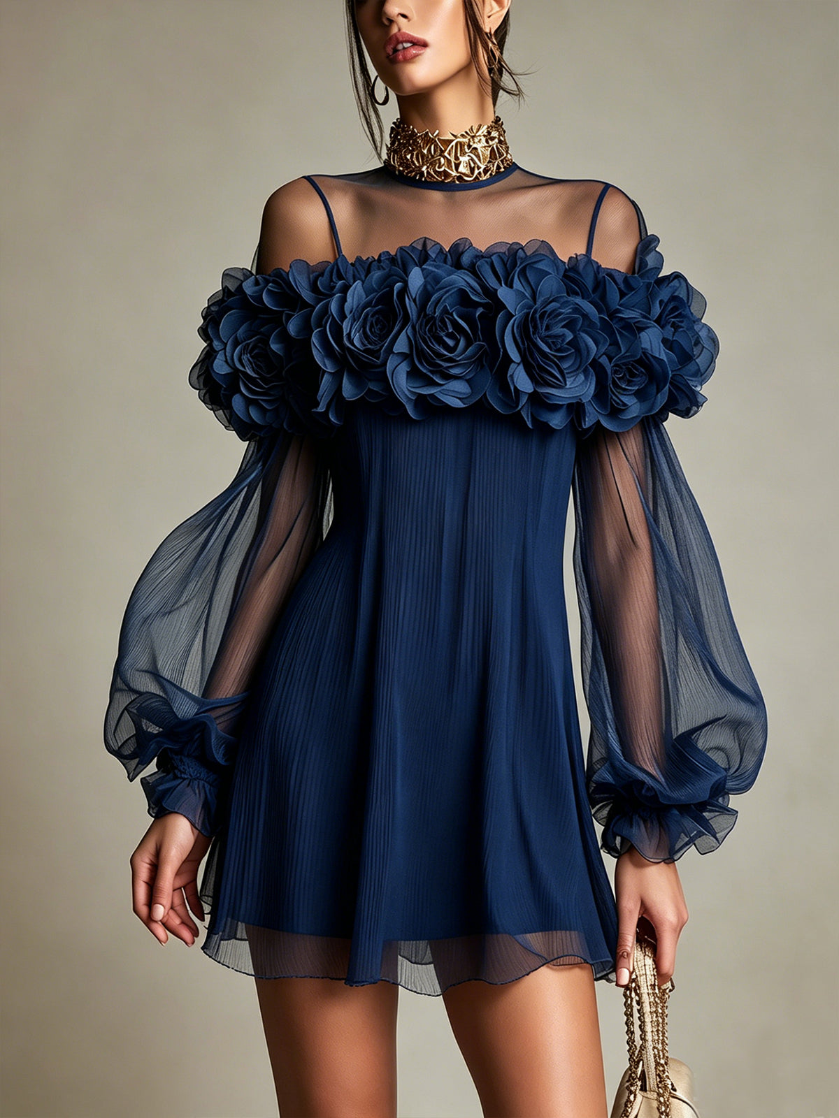 Yellow 3D Floral Pleated Chiffon Mini Dress