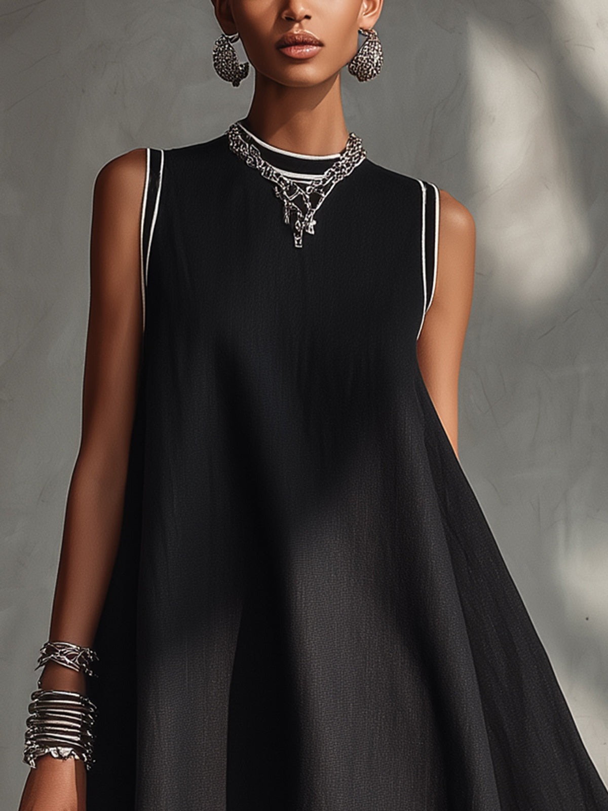 Black A-Line Mini Dress With Contrasting Trim