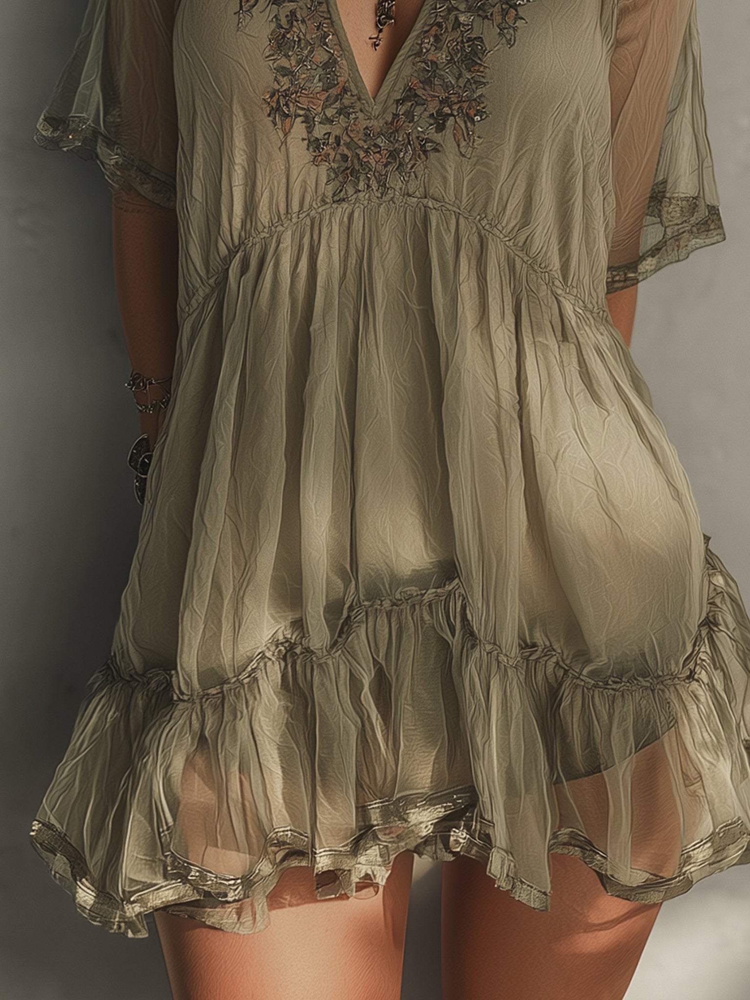 Green Ruched Chiffon Embroidery Mini Dress