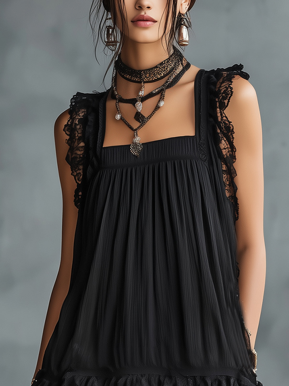 Black Lace Trim Pleated Mini Dress With Sheer Polka Dot Hem