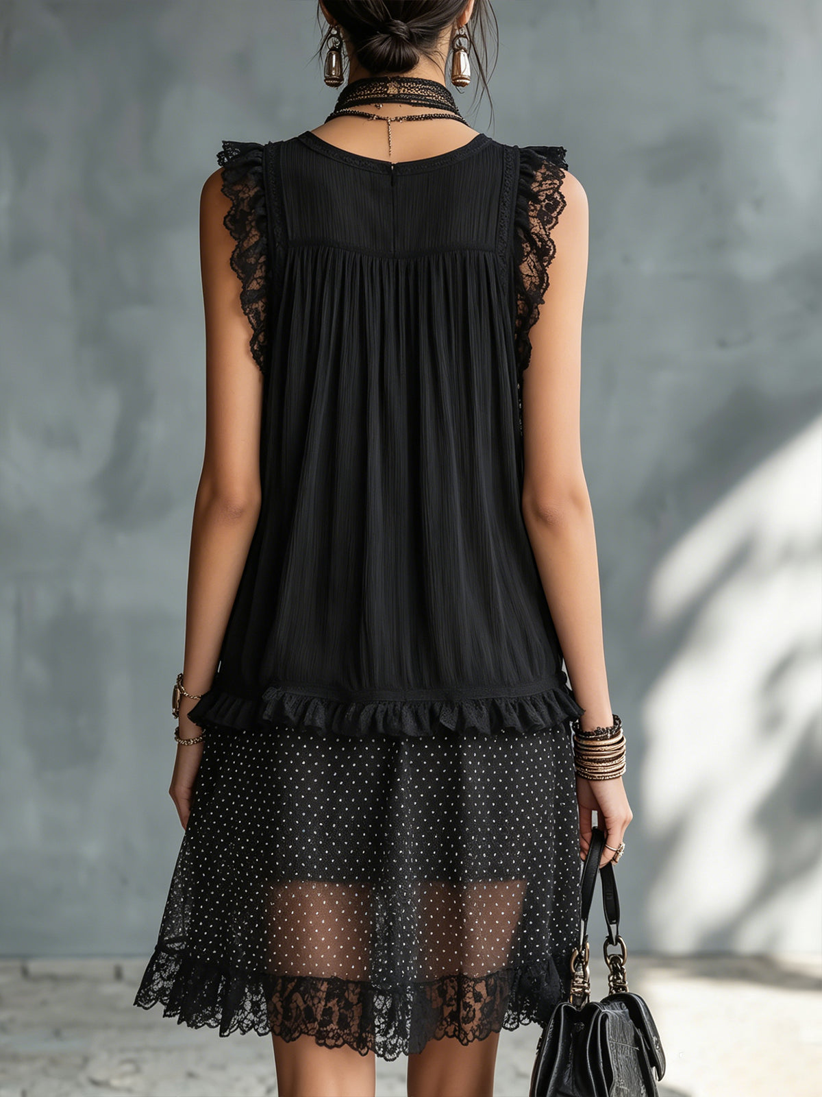 Black Lace Trim Pleated Mini Dress With Sheer Polka Dot Hem