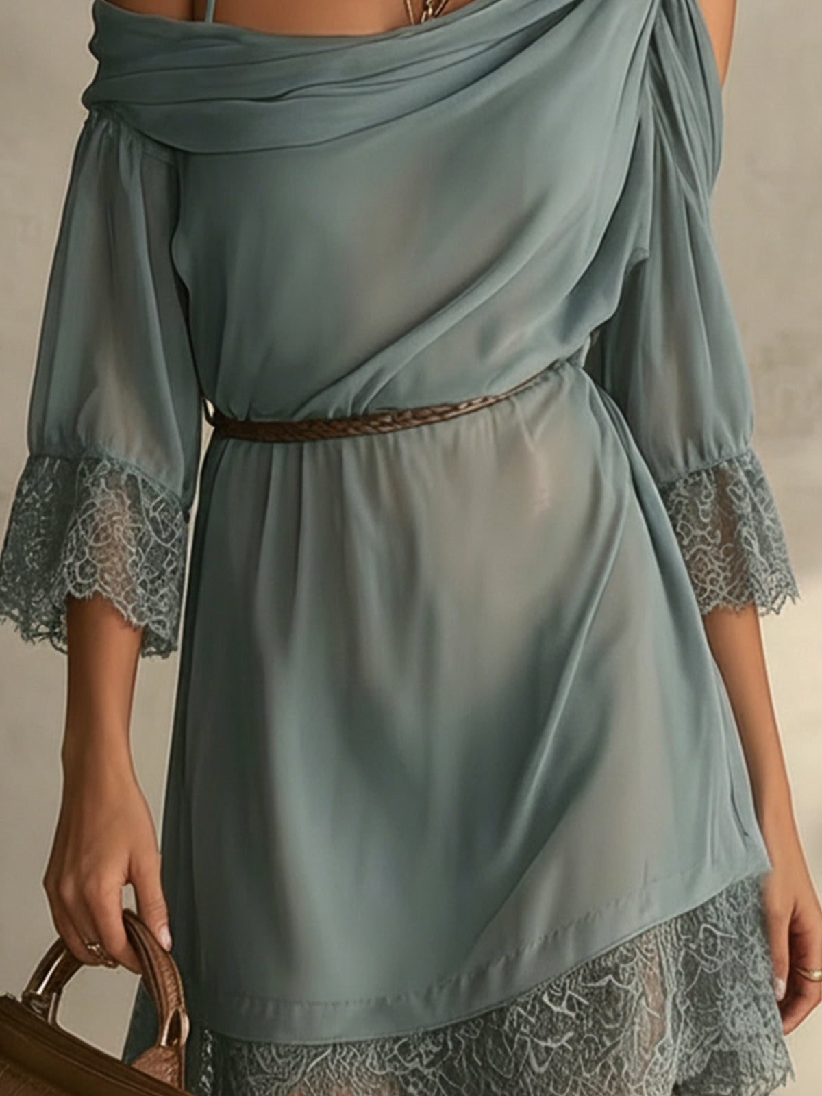 Blue Off-Shoulder Chiffon Mini Dress With Lace Trim