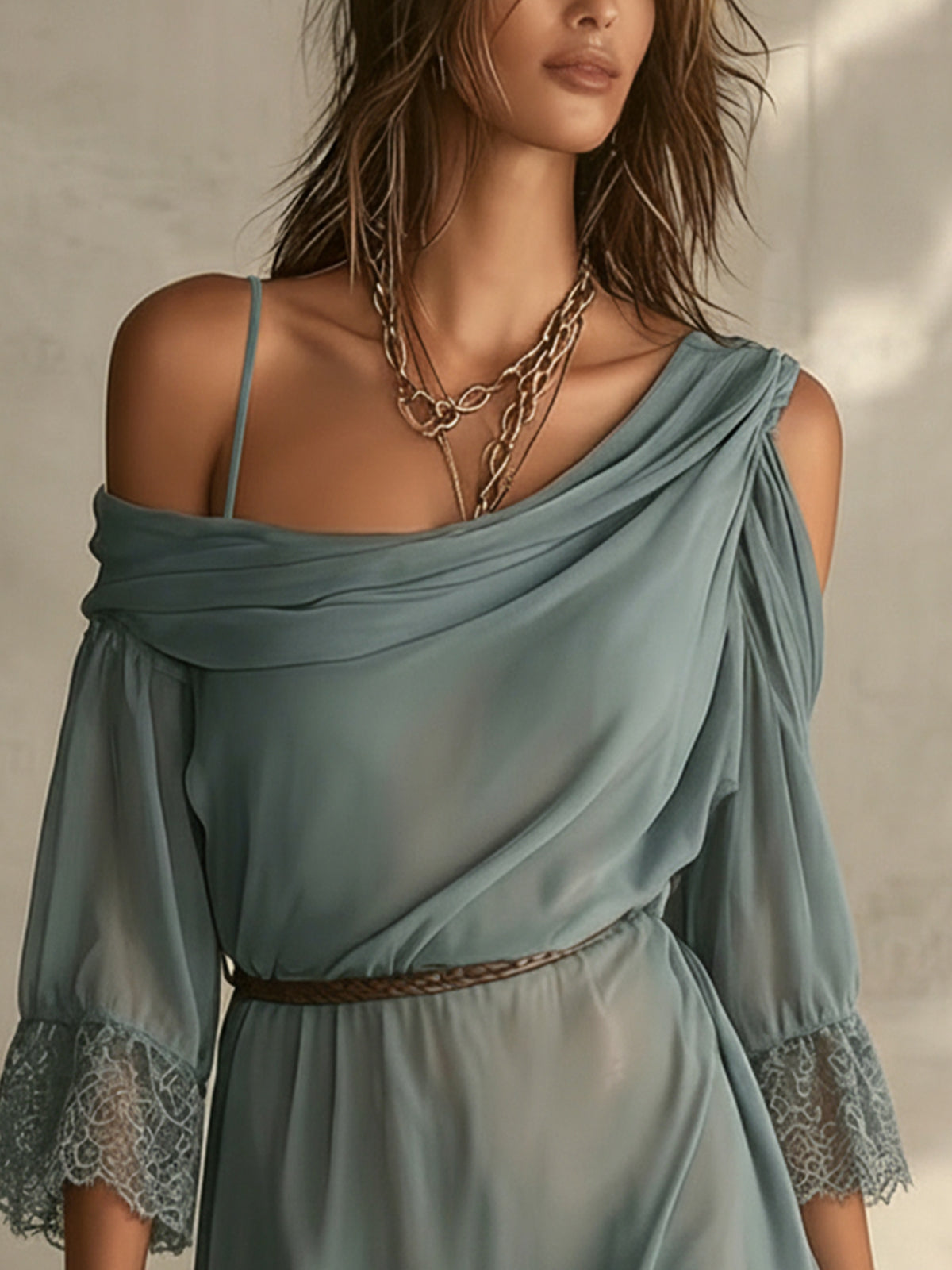 Blue Off-Shoulder Chiffon Mini Dress With Lace Trim