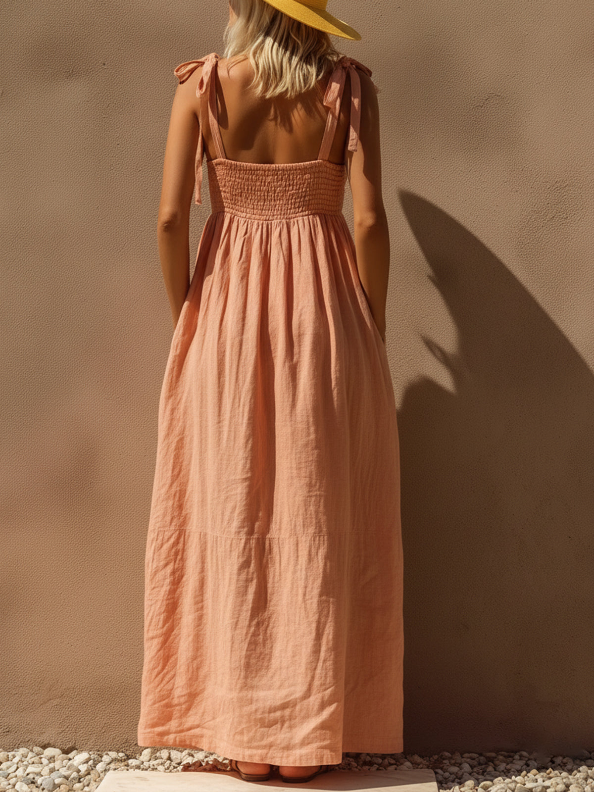 Pink Linen Maxi Dress With Ruched Bust And Bow Tie Straps