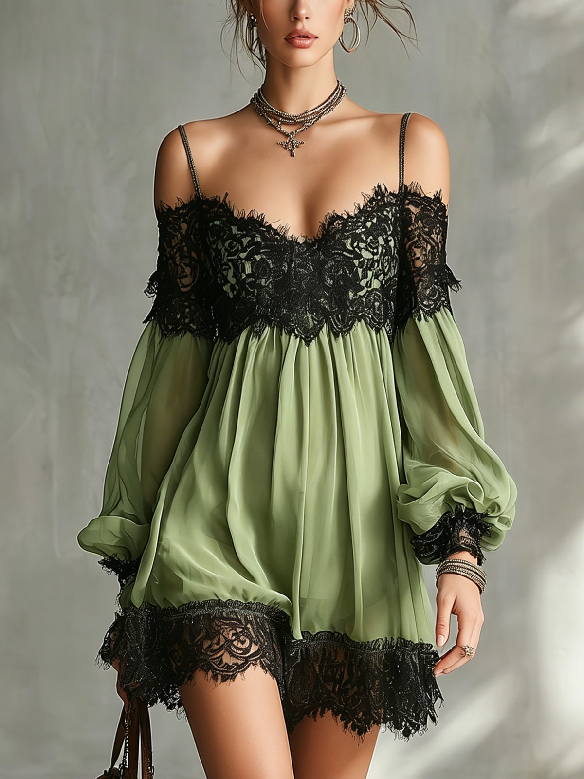 Green Off-Shoulder Chiffon Mini Dress With Black Lace Trim