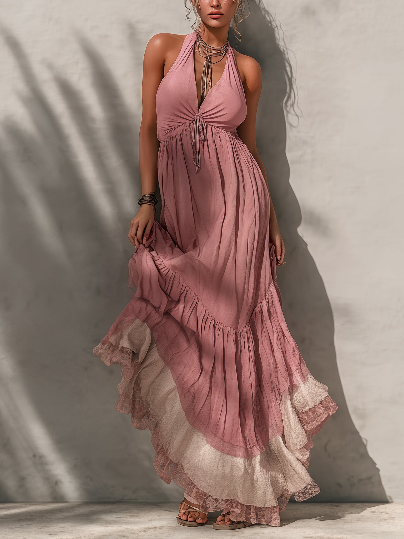 Pink Sleeveless Cotton And Linen Maxi Dress With Tie Neck