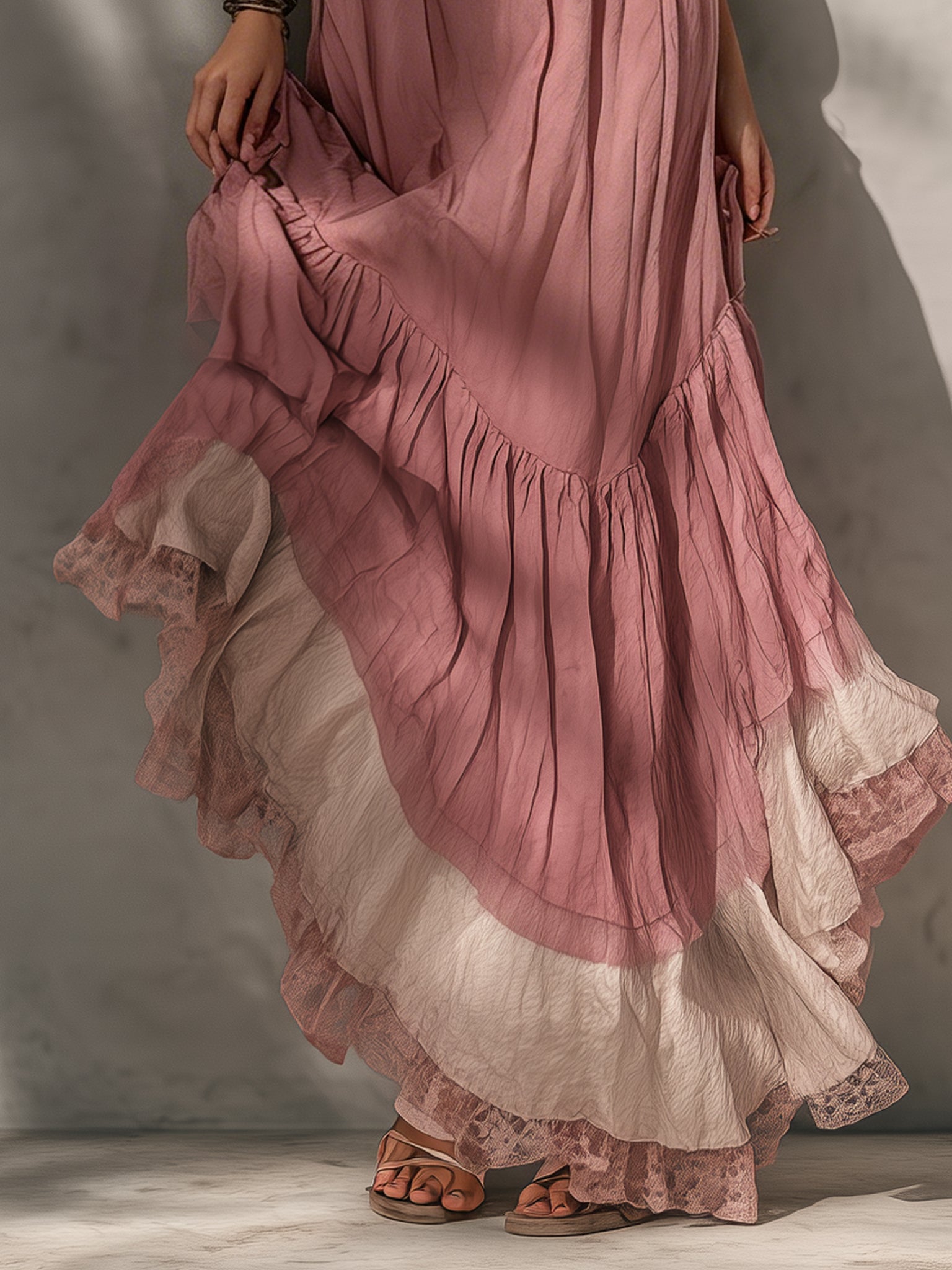 Pink Sleeveless Cotton And Linen Maxi Dress With Tie Neck