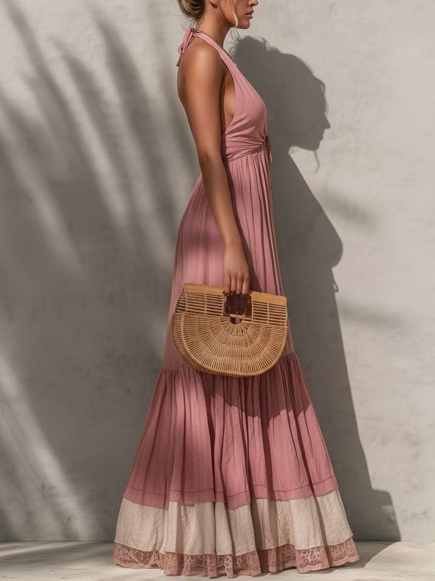 Pink Sleeveless Cotton And Linen Maxi Dress With Tie Neck