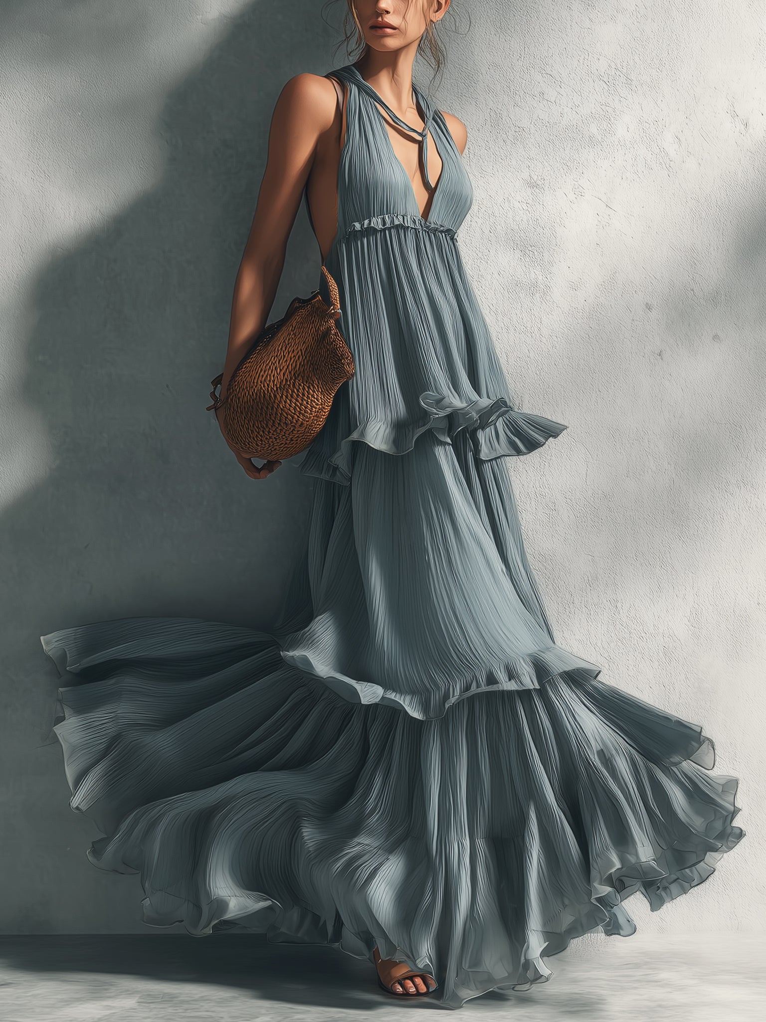 Blue Sleeveless Pleated Chiffon Maxi Dress