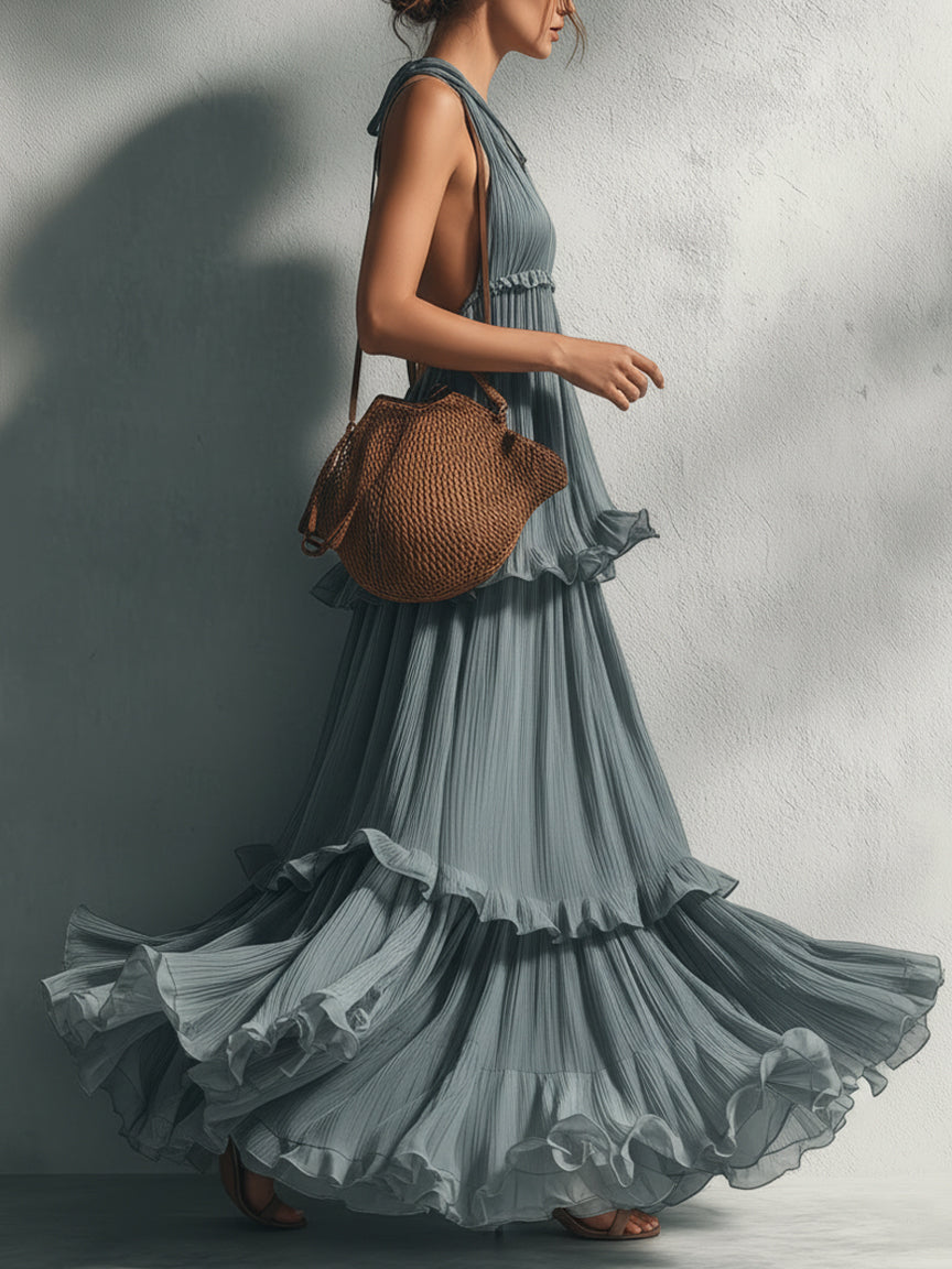 Blue Sleeveless Pleated Chiffon Maxi Dress