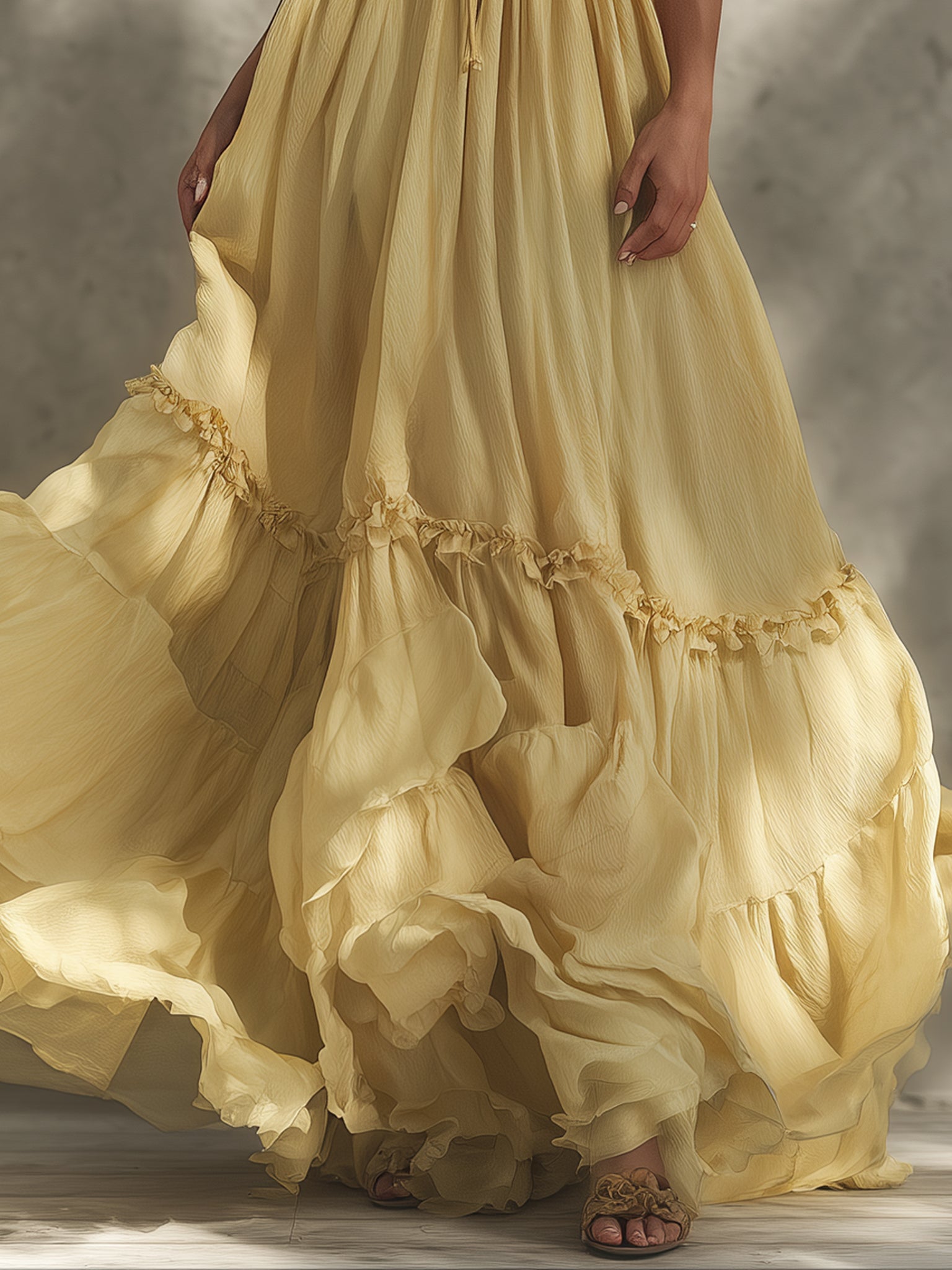 Yellow Pleated Chiffon Maxi Dress