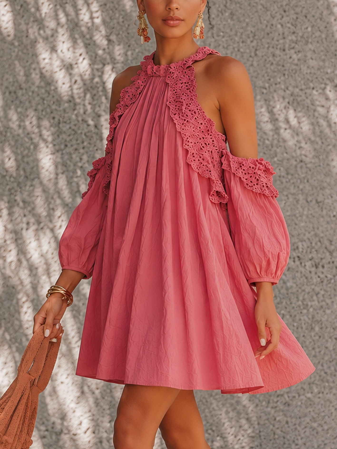 Dusty Rose Cold Shoulder Lace Trim Mini Dress