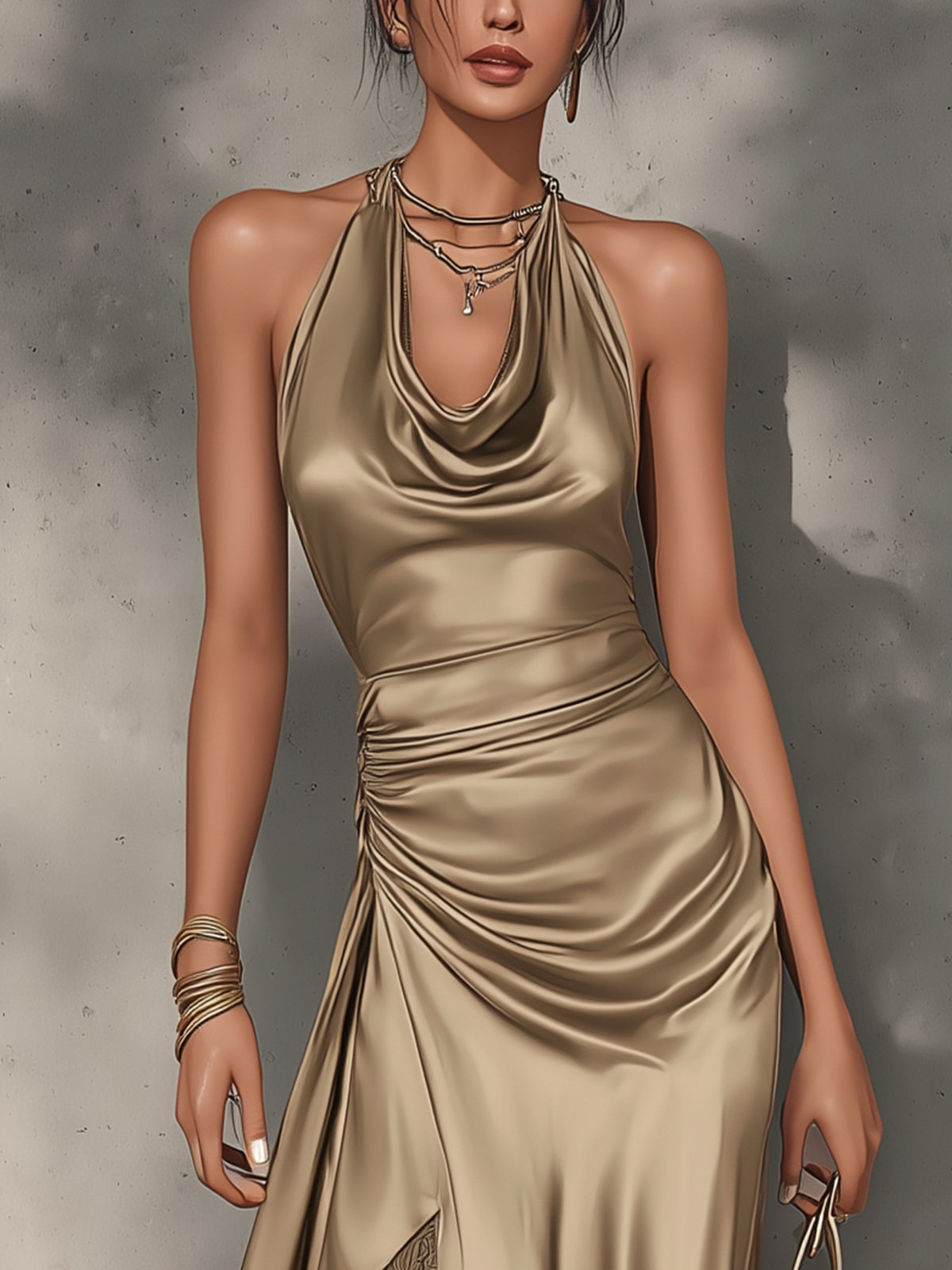 Champagne Satin Halter Maxi Dress With Lace Hem