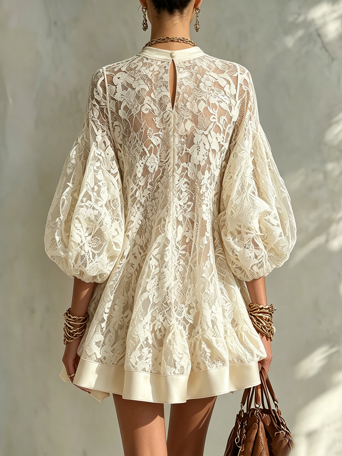 Ivory Lace Balloon Sleeve Mini Dress With Satin Trim