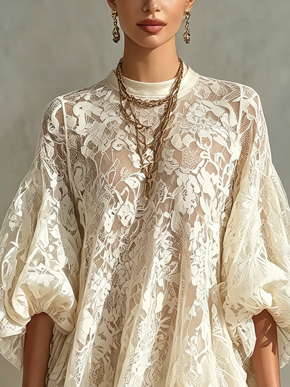 Ivory Lace Balloon Sleeve Mini Dress With Satin Trim