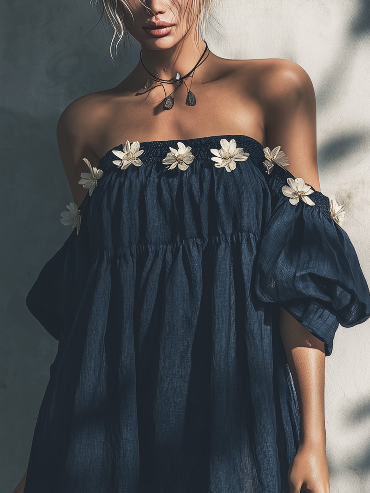 Blue Off Shoulder Linen Mini Dress With 3D Flowers