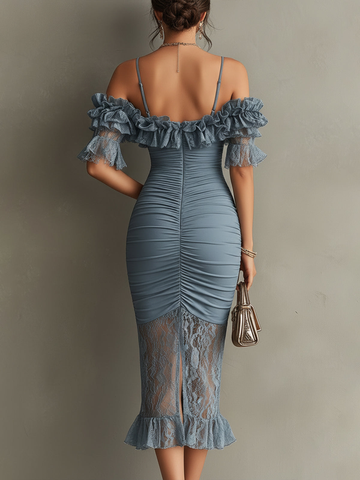Blue Off-Shoulder Ruched Midi Dress With Lace And Ruffle Detail