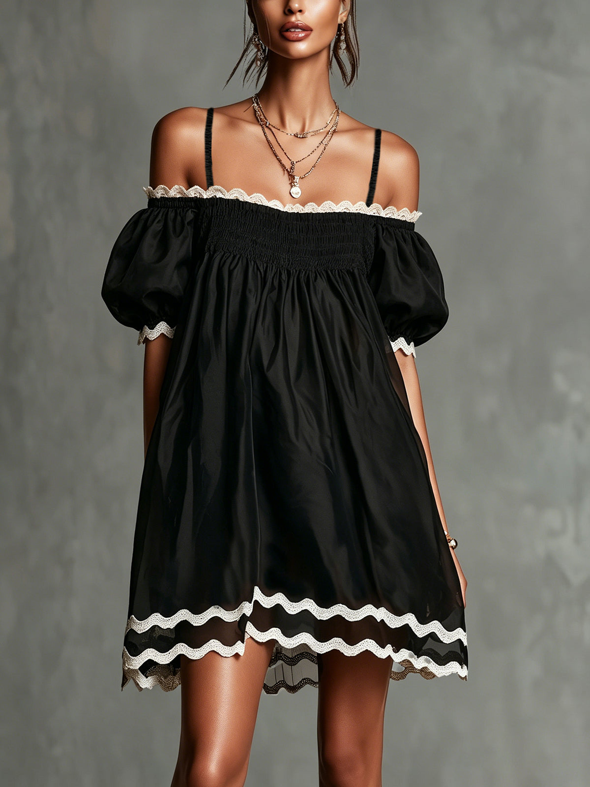 Black Off-Shoulder Puff Sleeve Mini Dress With Contrasting Trim