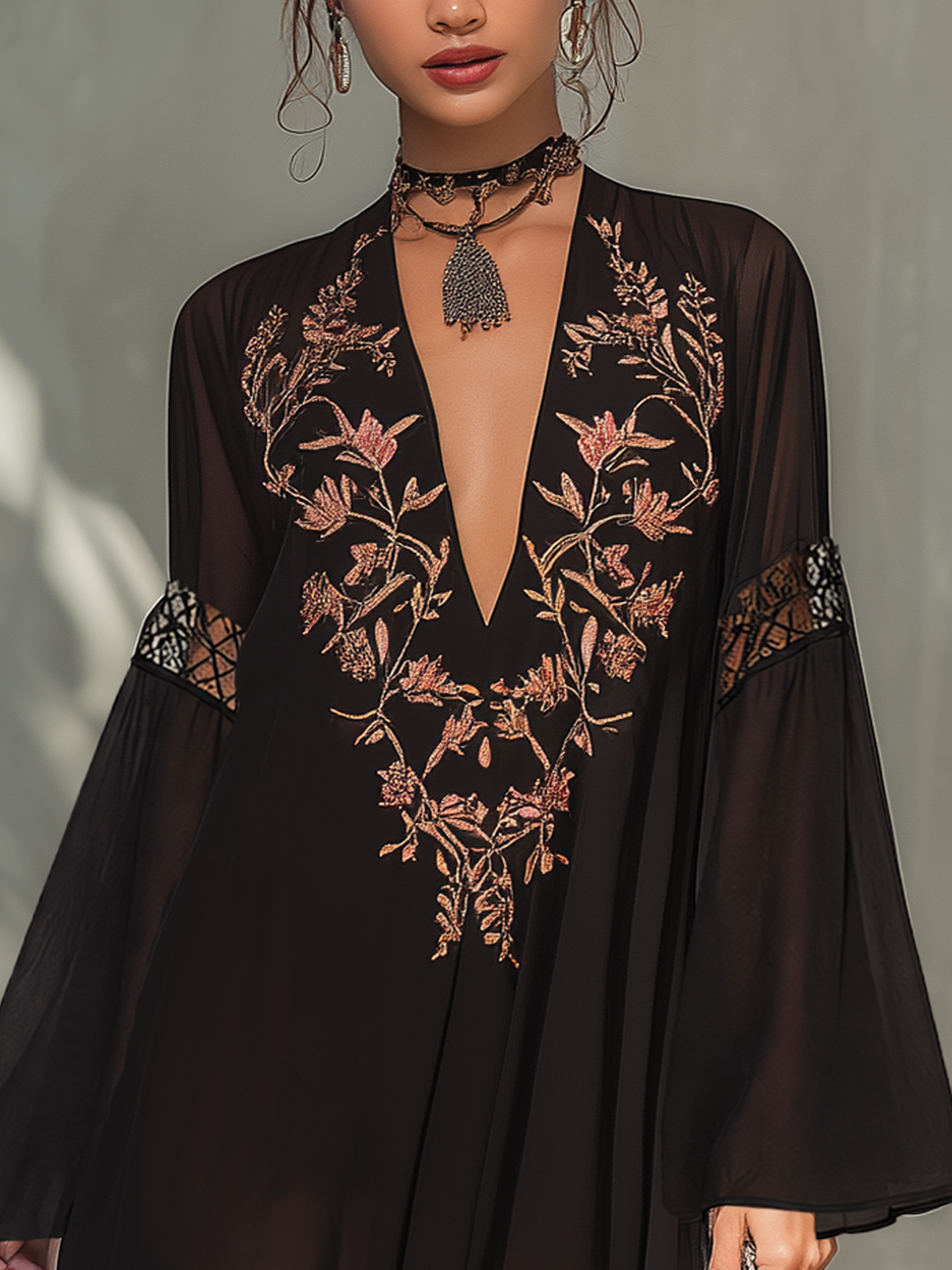 Black Vintage Embroidered Lace Chiffon Mini Dress