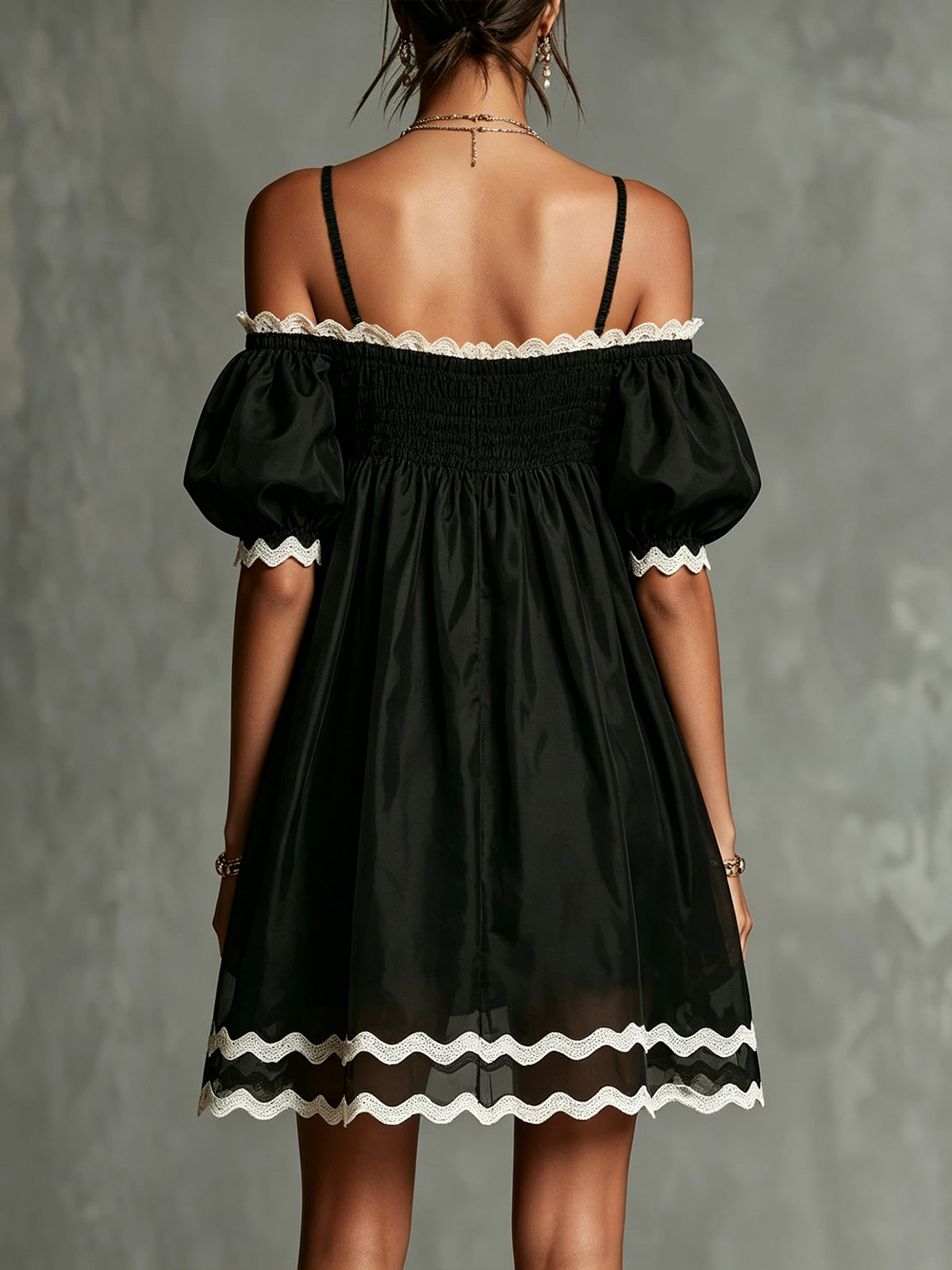 Black Off-Shoulder Puff Sleeve Mini Dress With Contrasting Trim