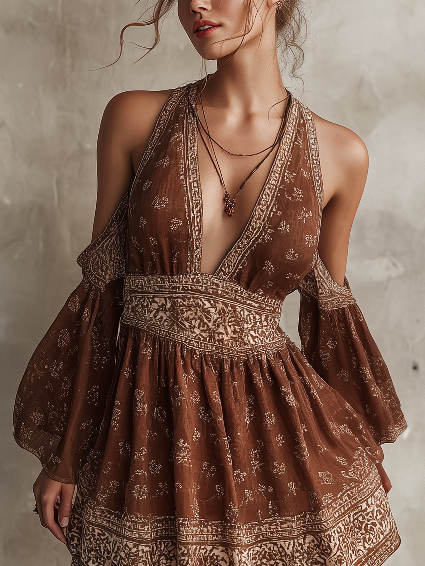 Brown Deep V-Neck Chiffon Printed Mini Dress