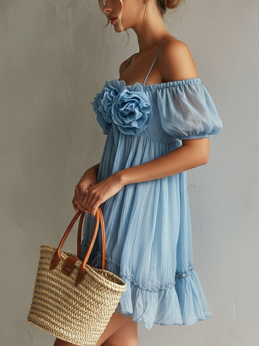Blue Chiffon Off Shoulder Floral Mini Dress