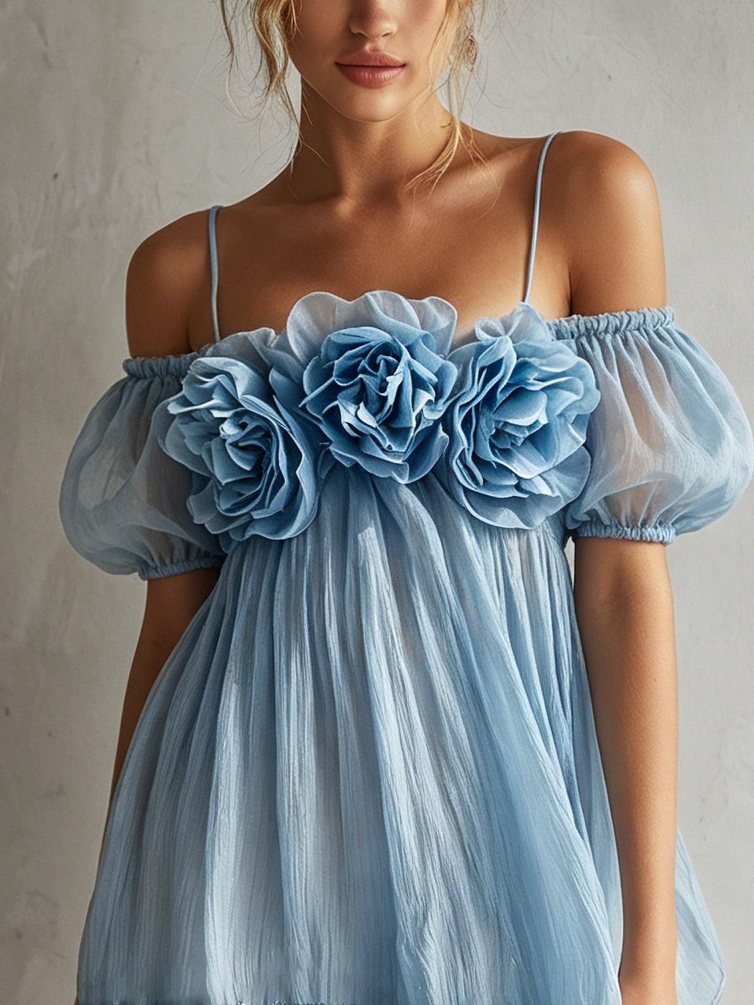 Blue Chiffon Off Shoulder Floral Mini Dress