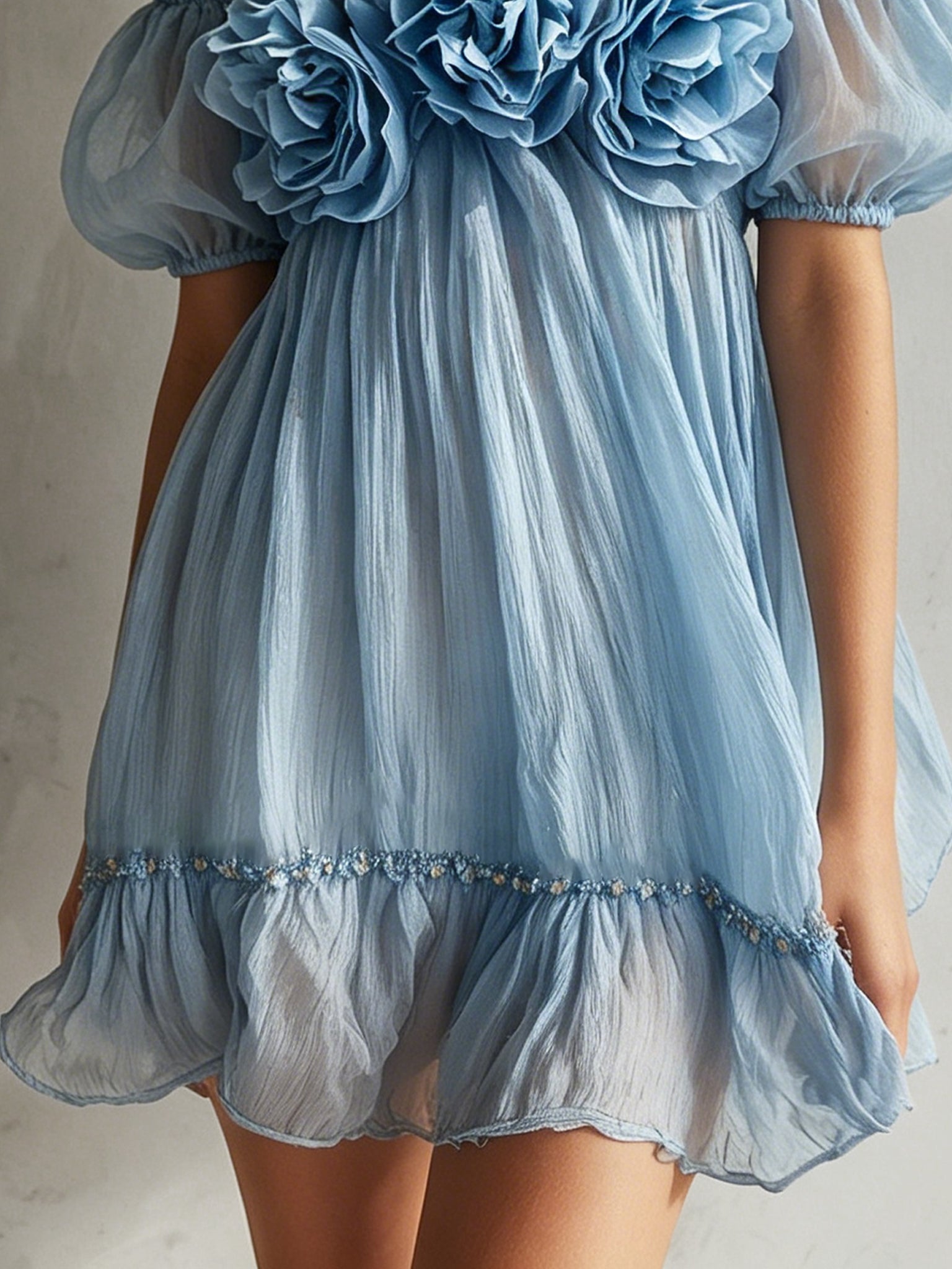 Blue Chiffon Off Shoulder Floral Mini Dress