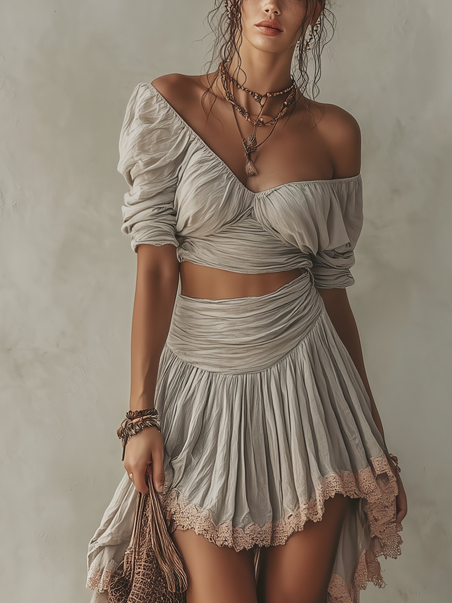 Gray V-Neck Midi Top And Skirt Set