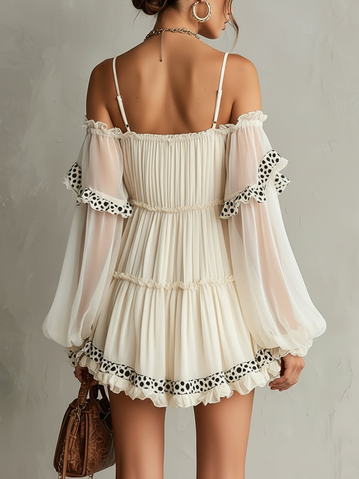Ivory Off-Shoulder Chiffon Mini Dress With Polka Dot Lace Trim