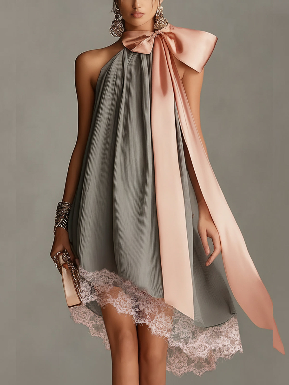 Gray Pleated Halter Mini Dress With Detachable Satin Bow And Lace Hem
