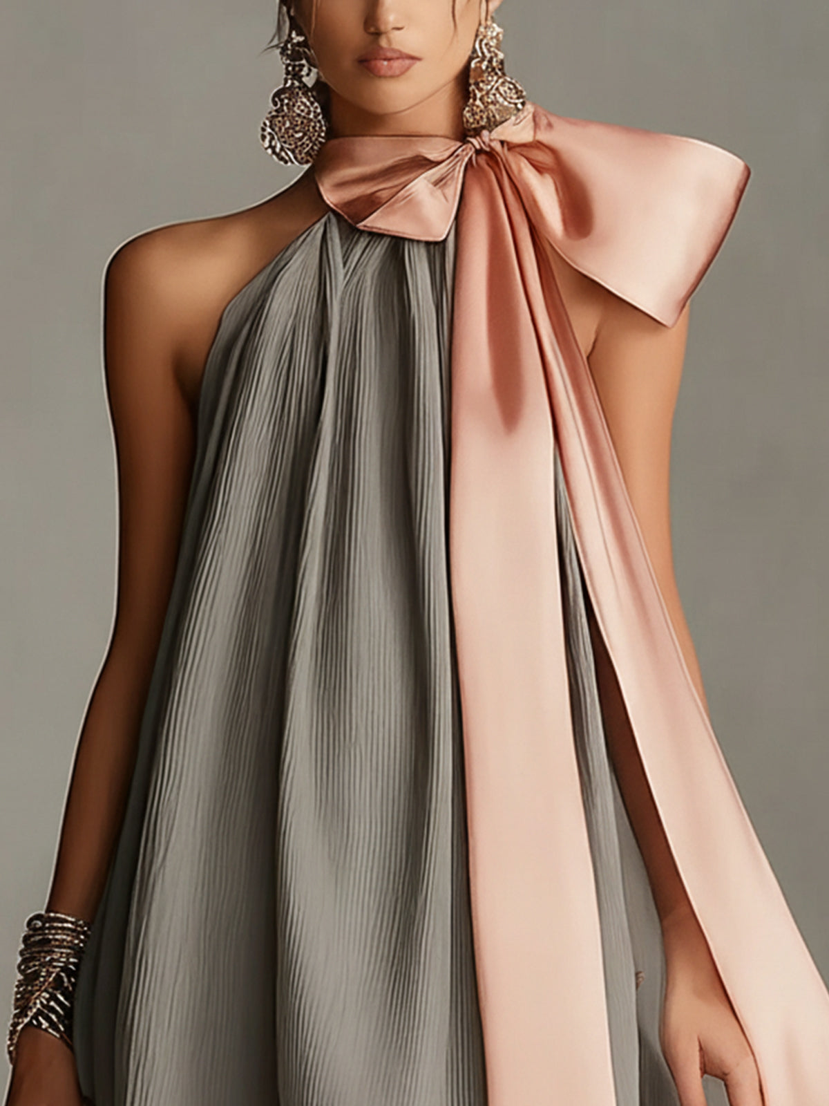 Gray Pleated Halter Mini Dress With Detachable Satin Bow And Lace Hem
