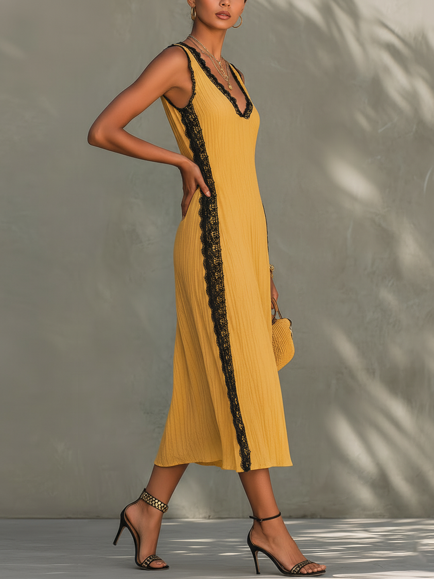 Yellow Textured Sleeveless Midi Dress With Black Lace Trim