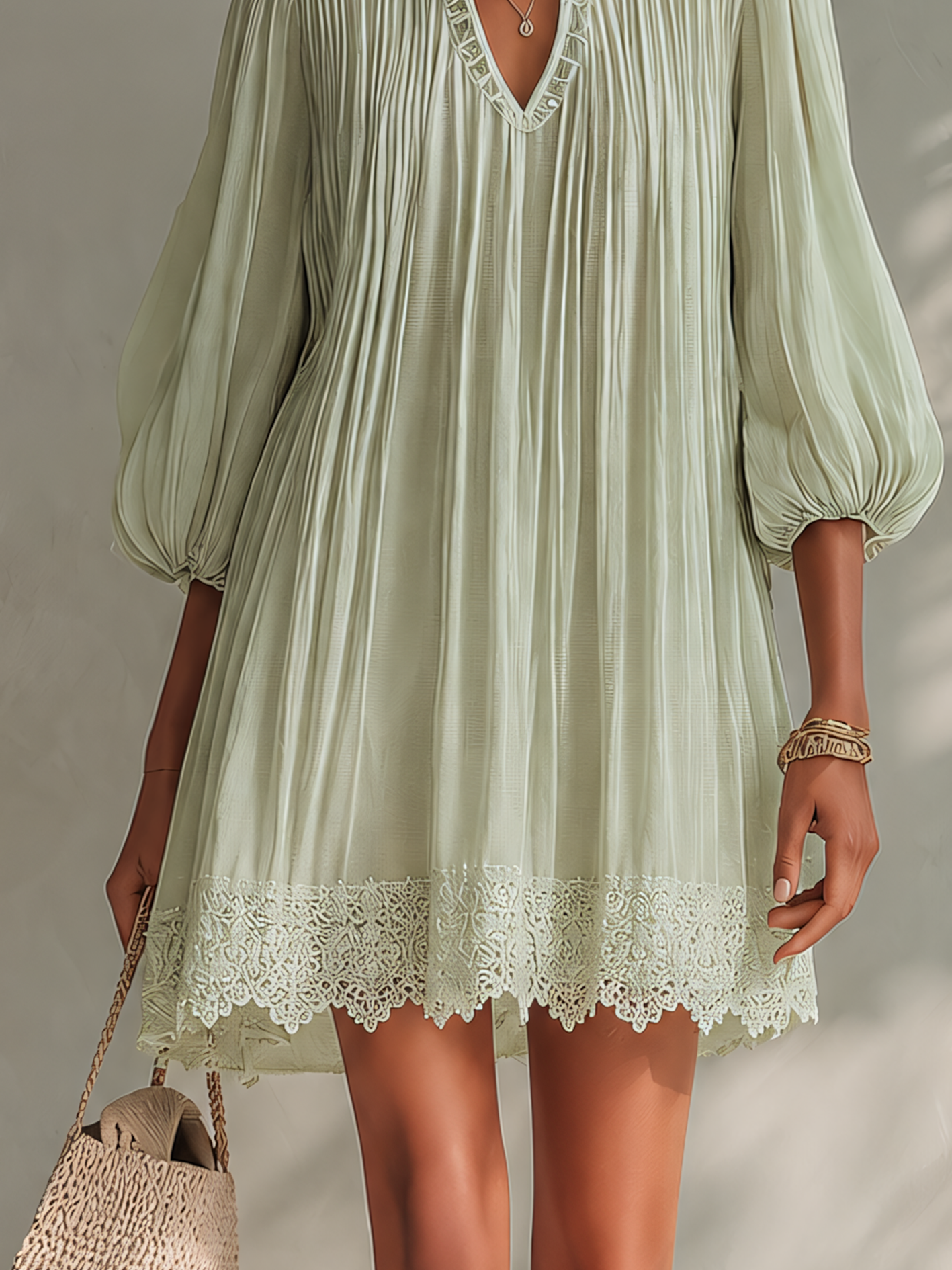 Light Green Pleated Chiffon Lace Mini Dress