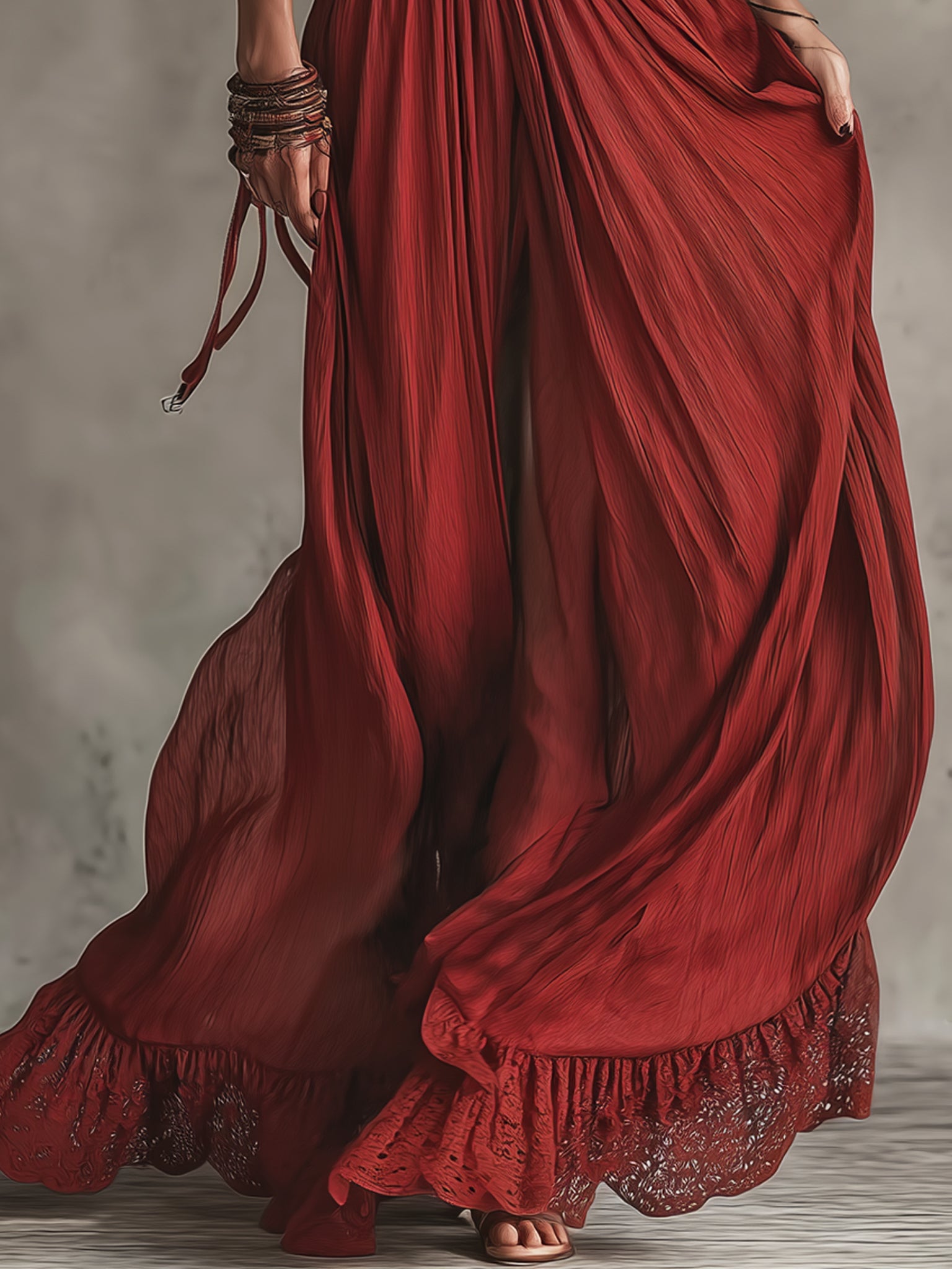 Retro Red Chiffon And Lace Sleeveless Maxi Dress