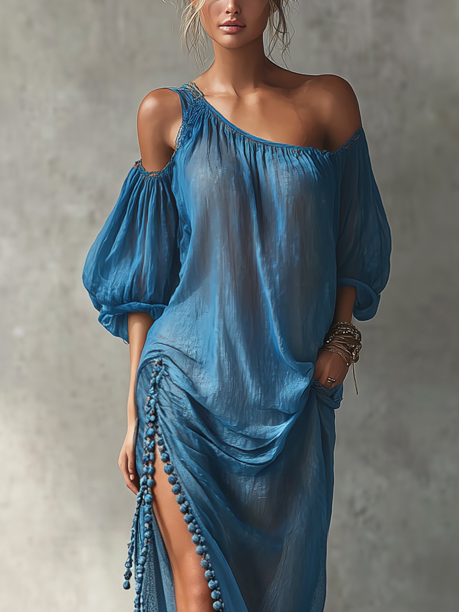 Blue Off Shoulder Shimmer Chiffon Tassel Maxi Dress