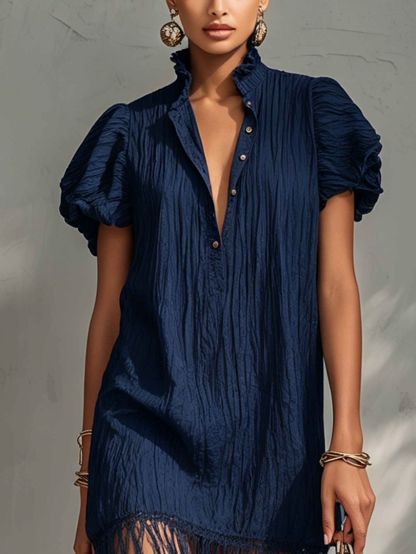 Navy Textured Fringe Mini Dress With Puff Sleeves
