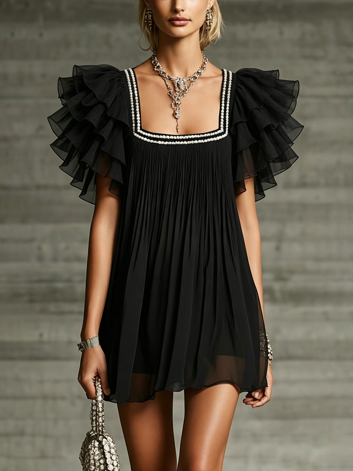 Black Ruffled Chiffon Mini Dress With Pearl-Trimmed Square Neck