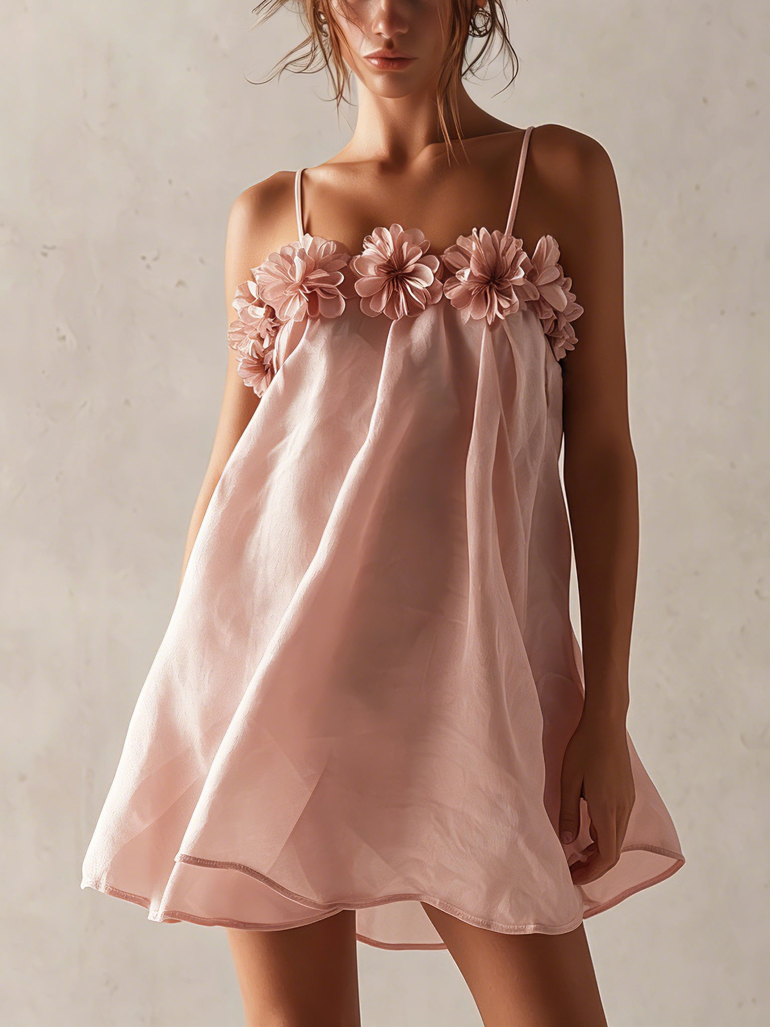 Pink Organza Mini Dress With 3D Floral