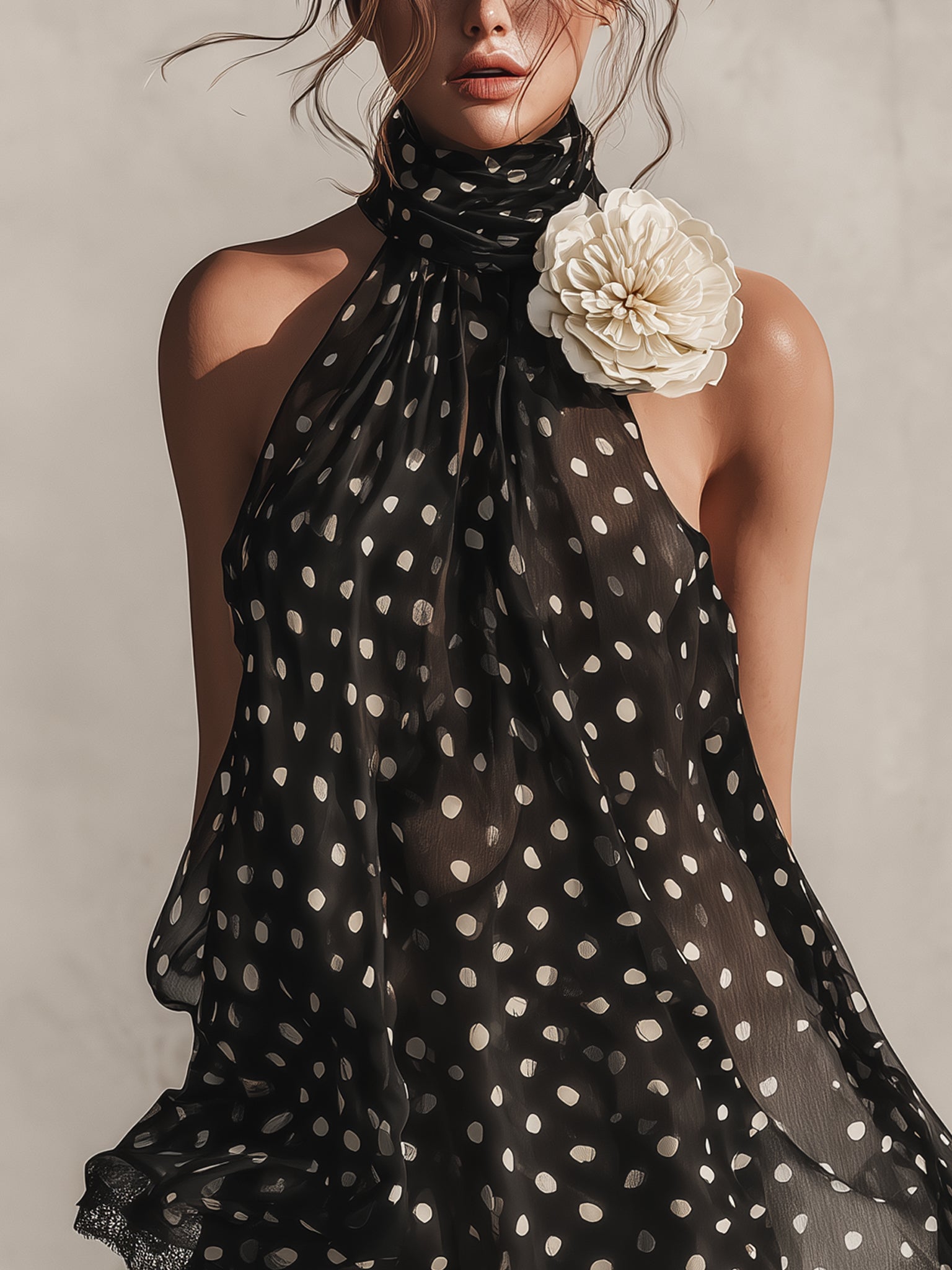 Black Polka Dot Chiffon Mini Dress With 3D Flower