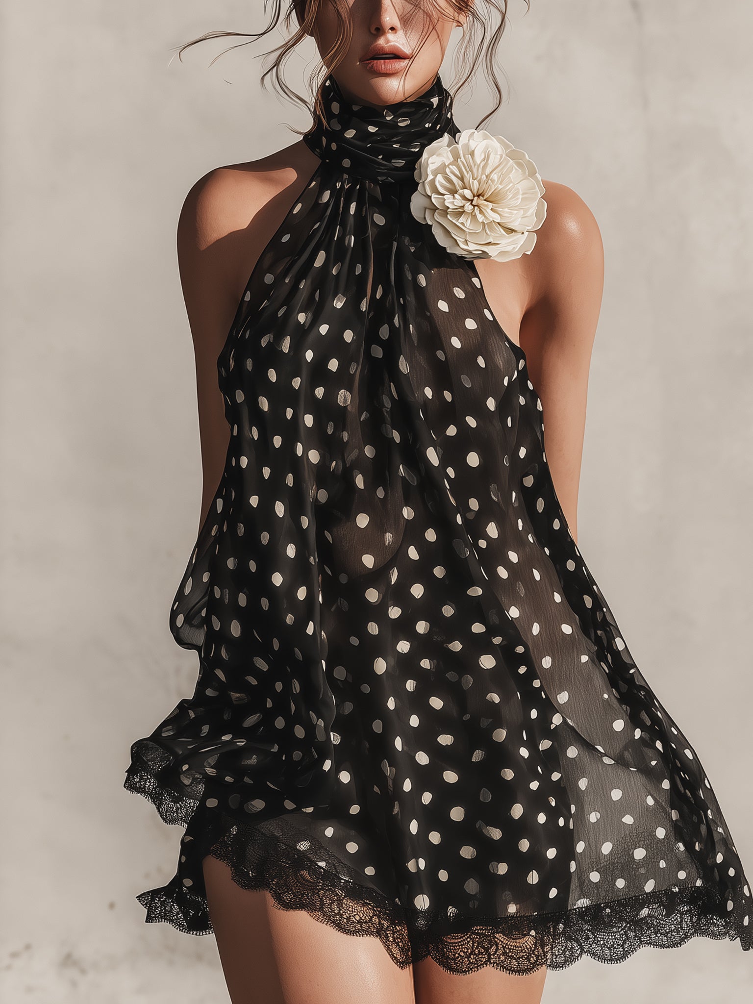 Black Polka Dot Chiffon Mini Dress With 3D Flower