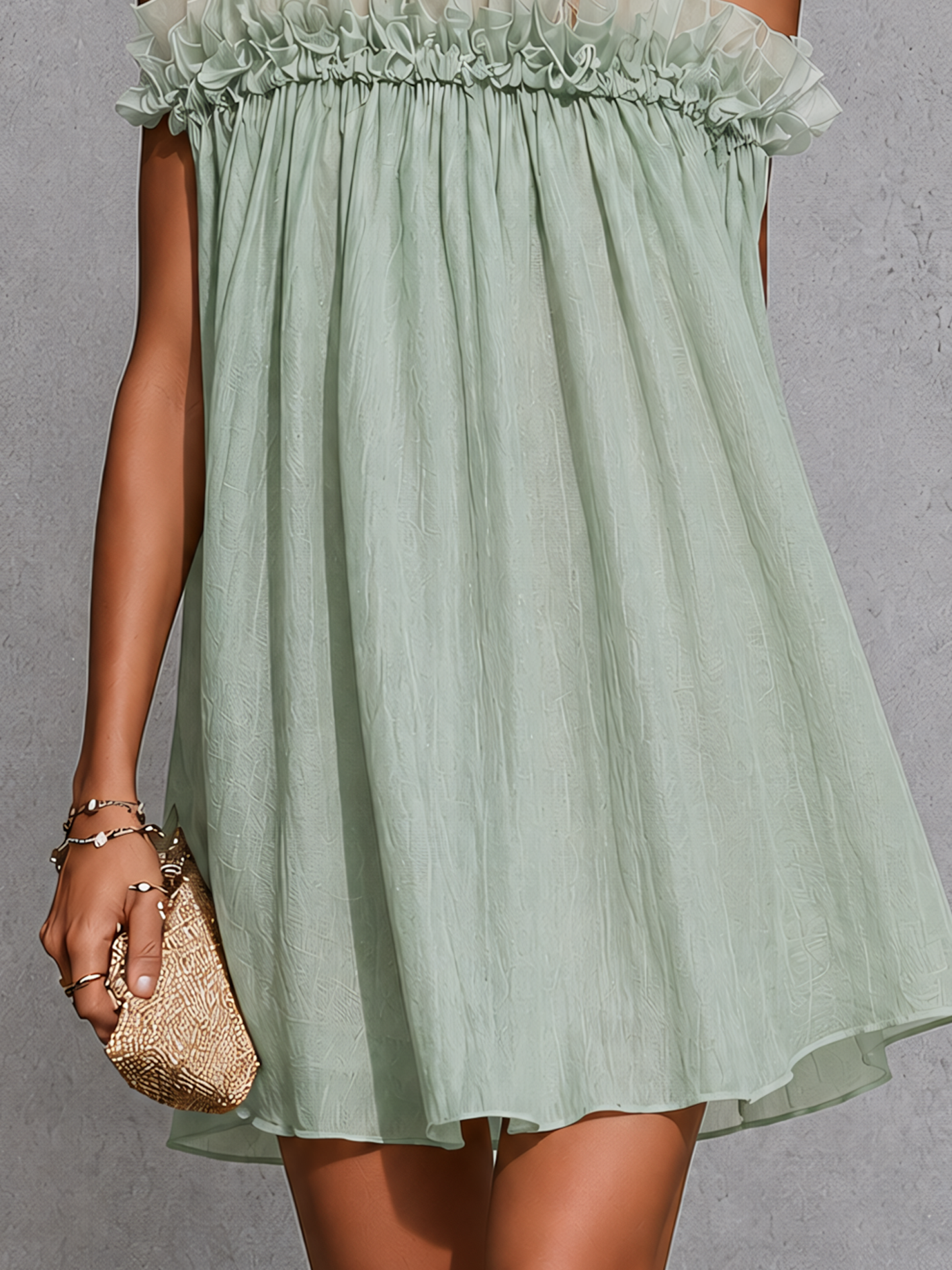 Mint Green Textured Ruffle Trim Spaghetti Strap Mini Dress