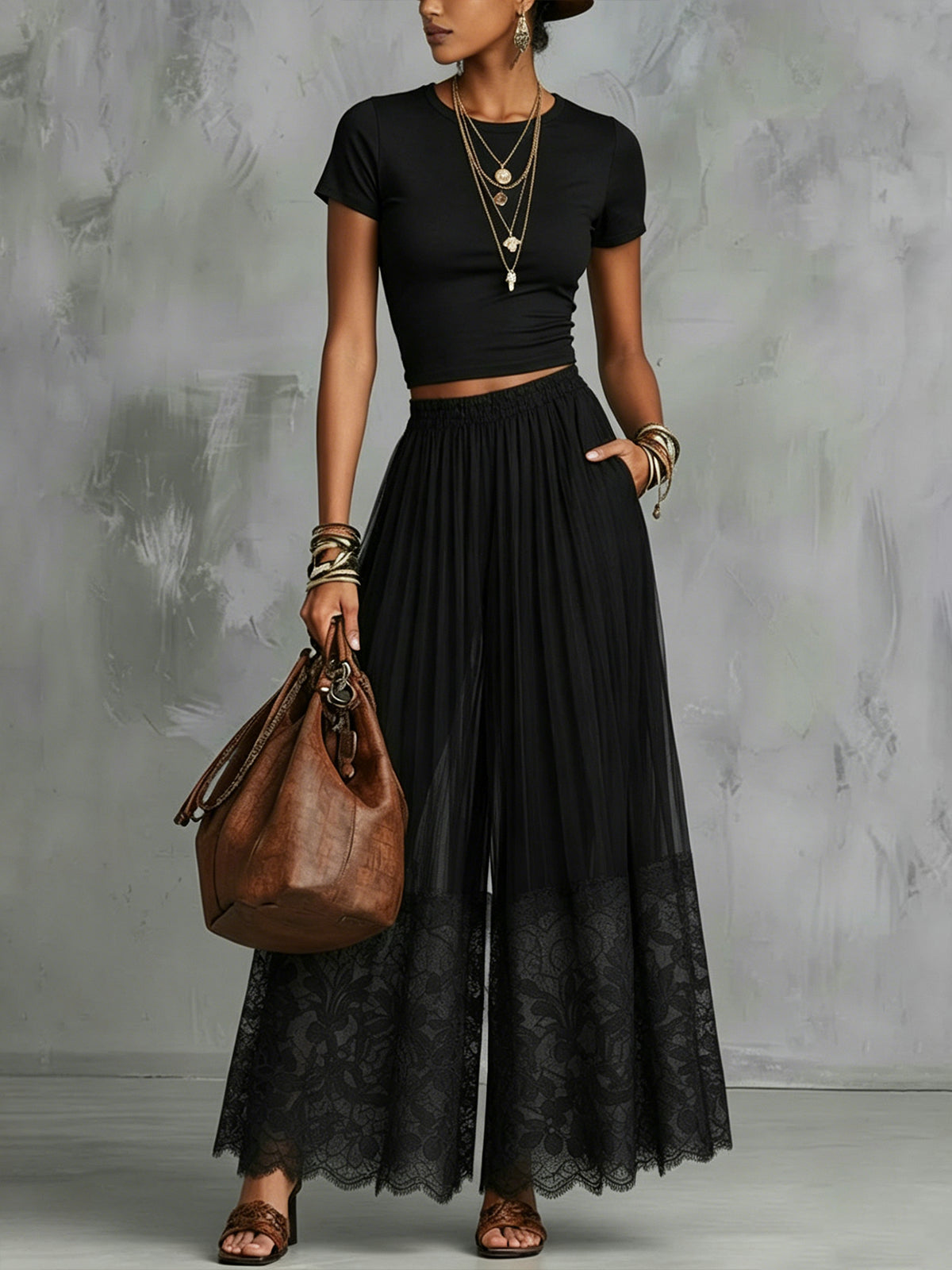 Black Lace-Trim Wide-Leg Pants Two-Piece Set